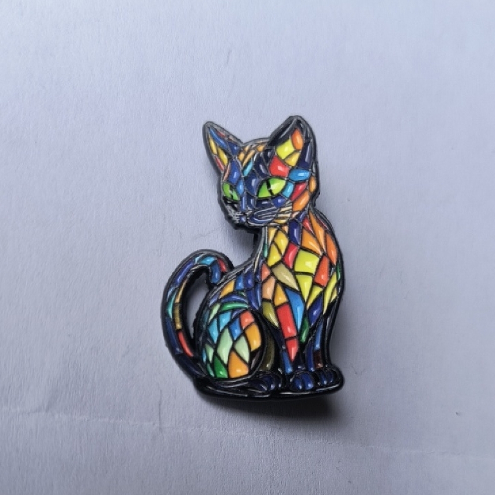 Multicolor Mosaic Cat Enamel Pin - Colorful Cat Accessory